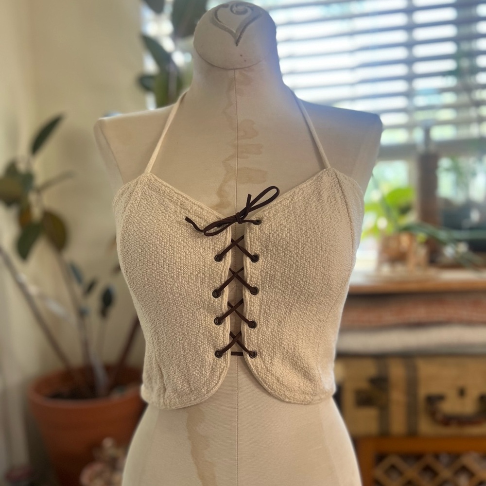 Ecologic Arts White Cream Lace-Up 100% Cotton Halter Crop Top Boho Cottagecore
